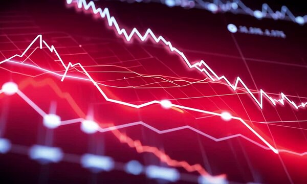 Crisis, recession, business crash, markets down, economic decline and stock collapse concept. Red dynamic downward trend chart, 4k Animation Video