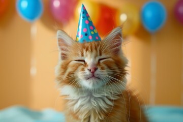 Adorable ginger kitten enjoys its birthday party, wearing a festive hat amidst colorful balloons, creating a cheerful and heartwarming scene