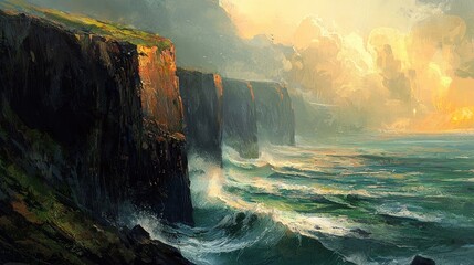 Fototapeta premium Dramatic coastal cliffs with crashing waves at sunset.