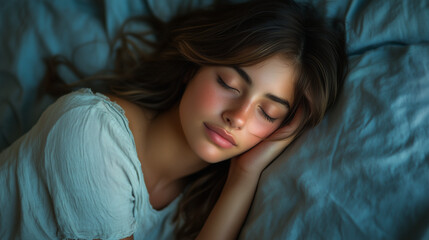 Young woman peacefully sleeping in a cozy bedroom with soft lighting in the evening