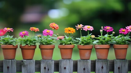 Naklejka premium Bright zinnias blooming in small clay pots hanging on a garden fence.