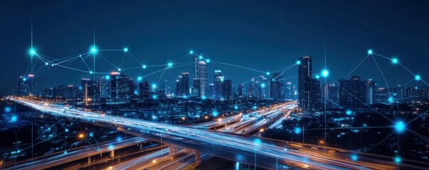 Obraz premium Futuristic Smart City at Night: Networked Urban Landscape