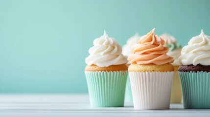 An elegant display of cupcakes with pastel-colored frosting, arranged on a wooden table, each cupcake presenting a different flavor and decorative style.