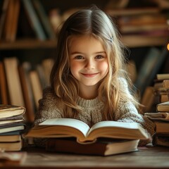 Smiling girl reading a book with globes and books surrounding her. Highlights education, imagination, and curiosity for stock use in learning and school themes.
