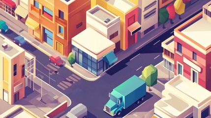 Fototapeta premium E-commerce delivery flat design top view modern urban logistics cartoon drawing vivid 