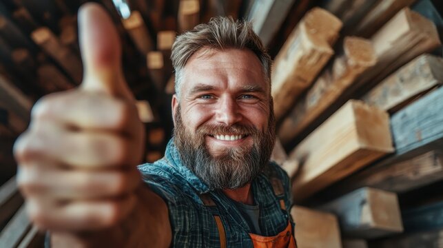 A cheerful worker with a beard and flannel shirt gives a thumbs up in a lumber-filled warehouse, exuding satisfaction and positivity amid wood stacks.