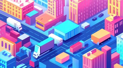 E-commerce delivery flat design top view modern urban logistics cartoon drawing vivid 