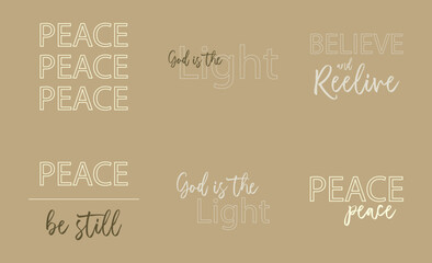 Christian quotes bundle, peace religious print, God is light, Christian saying set, vector illustration
