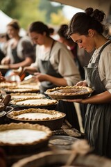 A dynamic shot of a pie-baking competition during a harvest festival, with bakers presenting their creations