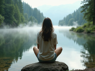 A woman sits cross-legged on a rock by a serene lake, gazing at the mist rising from the water. Verdant trees frame  peaceful landscape in early morning light. Digital detox concept. World Tourism Day