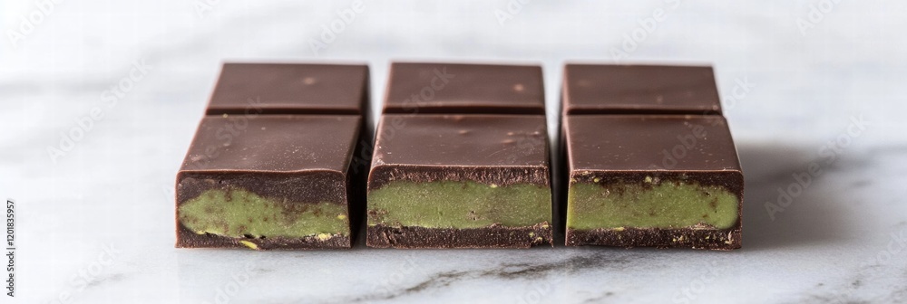 Poster chocolate bar filled with creamy pistachio paste arranged neatly on a marble surface. generative ai