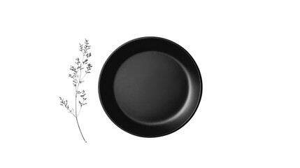 A stylish black plate paired with an elegant sprig, perfect for modern dining settings and culinary presentations.