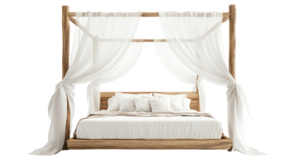 Elegant wooden bed with sheer white curtains, creating a serene and inviting space perfect for relaxation and restful sleep.