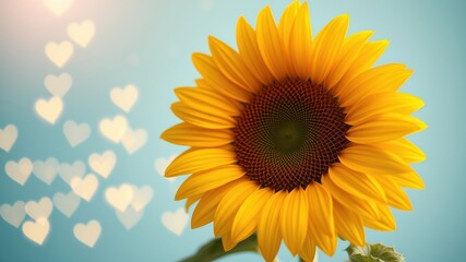 Fototapeta premium A vibrant sunflower with yellow petals blooms against a light blue sky, with out-of-focus heart-shaped bokeh in the background.