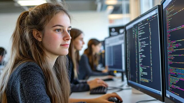 A group of young women in a German engineering school, working on their computers and examining data visualizations displayed on multiple computer screens.