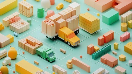 Fototapeta premium E-commerce logistics optimization flat design front view tech innovation 3D render complementary color scheme 