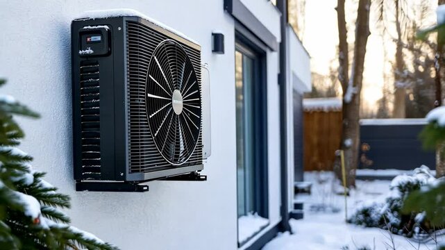 An air source heat pump on the wall of a modern house, during the winter season. Close-up shot, taken with a Canon EOS camera, in the style of a professional photographer.