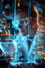 A dynamic shot of a researcher analyzing data from a physics experiment in a cutting-edge lab
