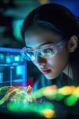 A dynamic shot of a researcher analyzing data from a physics experiment in a cutting-edge lab