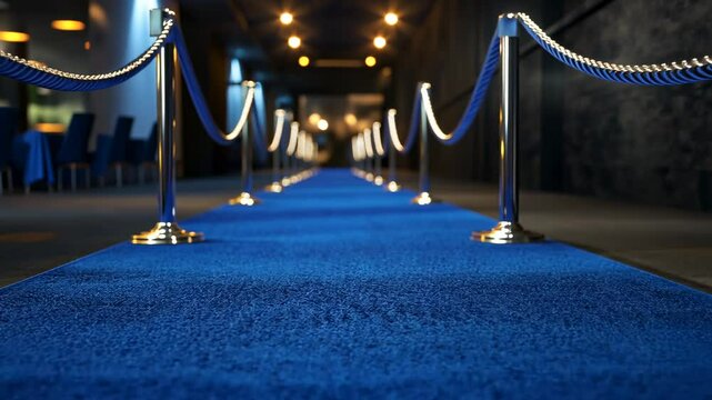blue carpet with silver st noble barbwire and ropes at entrance of the venue, event hall, night time, lights, cinematic, photorealistic, shot on canon eos