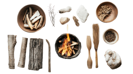 An overhead view of natural materials and tools arranged around a small fire, showcasing a connection to nature and the art of outdoor cooking.