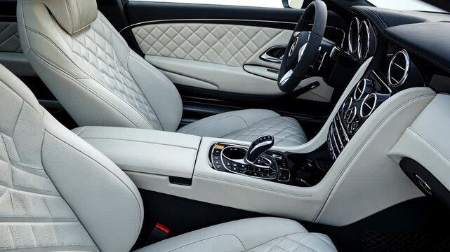 Car interior, white leather seats with an armrest in the center of a luxury car. Close-up view from inside to detail the elegant and comfortable seating space