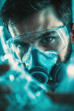 A dynamic shot of a scientist adjusting a respirator mask while preparing for a chemical reaction