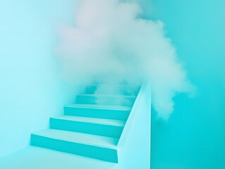 Stairway with turquoise walls and clouds creating an illusion of floating