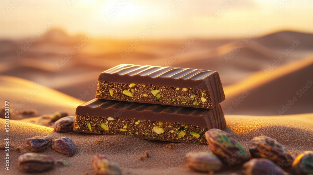 Poster chocolate bar with pistachio paste filling resting on sandy terrain during sunset with warm colors a