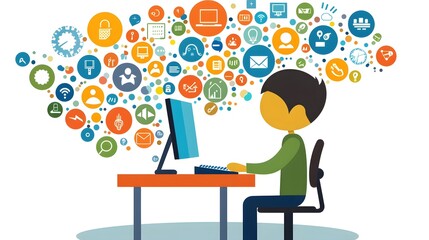 Vibrant Digital Workspace with High-Tech Computer Screen and Floating Infographic Icons