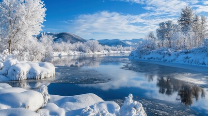 A serene winter landscape with a partially frozen river and snow-covered trees under a clear blue sky