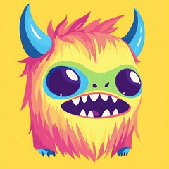 Cartoon Monster With Blue Horns And Sharp Teeth Fluffy Colorful Fur Creature Vector Art