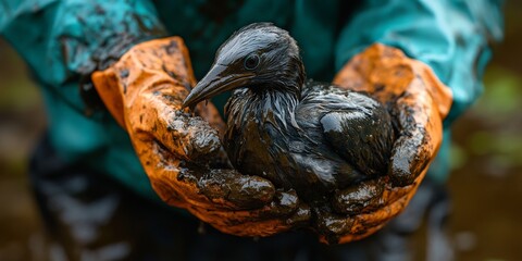 Volunteers rescue an oil-soaked bird, bringing attention to wildlife conservation and environmental responsibility.