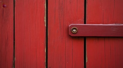 A close-up of a weathered red wooden door featuring a simple handle, showcasing texture and color in a rustic design.