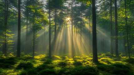 Obraz premium Sunbeams Illuminate Mystical Forest at Dawn