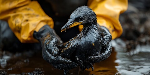 Volunteers rescue an oil-soaked bird, bringing attention to wildlife conservation and environmental responsibility.