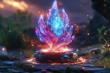 Fototapeta premium Glowing crystal flame on a stone base in a mystical landscape.