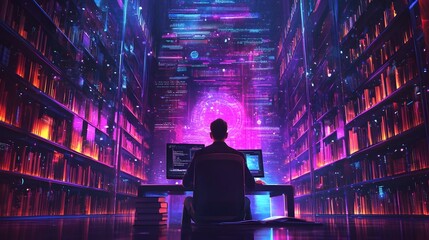 Student in Futuristic Smart Study Setup with Vibrant Library Background Encouraging Learning