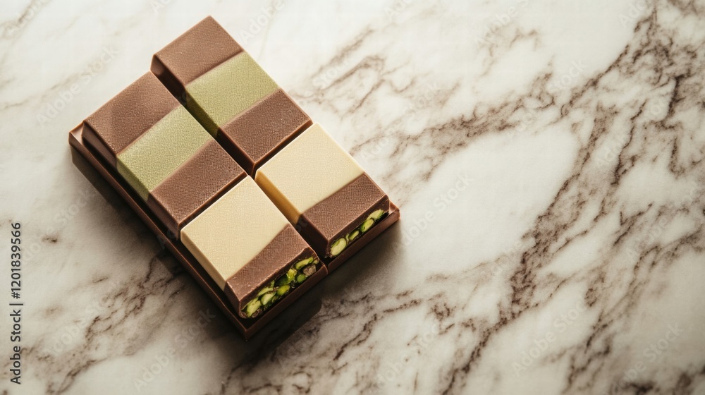Aufkleber delicious chocolate bar featuring smooth pistachio paste filling on a marble surface. generative ai