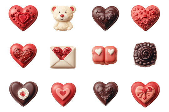 Delightful assortment of heart shaped chocolates and teddy bear - Powered by Adobe
