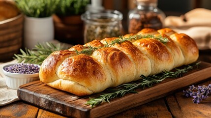 Braided bread rests on a wooden board adorned with fresh herbs and lavender, creating an aromatic and visually stunning composition that suggests elegance and comfort.