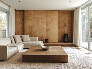 A modern Scandinavian interior design from the living room of a house with minimalist, sofa and wood table and wood-based interior finish. Generative AI
