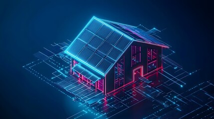Fototapeta premium Futuristic Glowing House with Solar Panels and Electric Connections in Vibrant Neon Lights