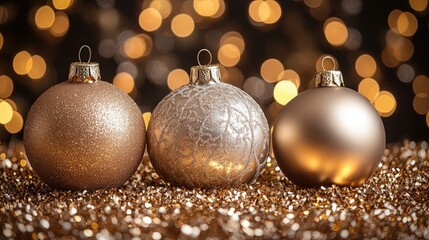 Three Gold Christmas Ornaments Resting on Glitter