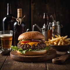 A cheeseburger made of unique proteins like lamb or bison, styled with rustic decor and craft beer.