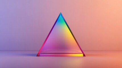Transparent glass prism with rainbow light refraction on a gradient pink and orange background
