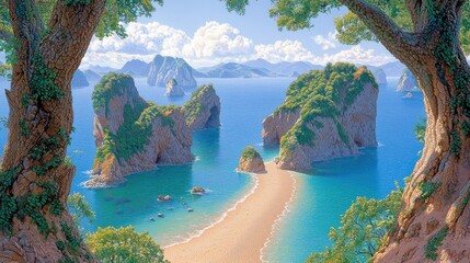 Fototapeta premium Secluded Beach Cove Surrounded by Lush Greenery and Dramatic Rock Formations Under a Sunny Sky