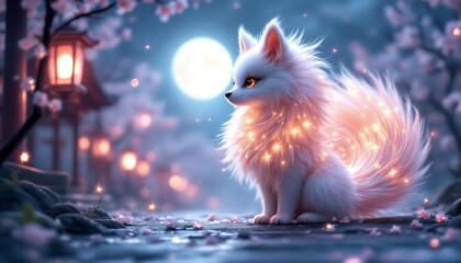 Magical White Fox Under Moonlight Fantasy Art