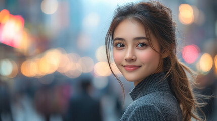 Obraz premium Indonesian business woman walking in street among skyscrapers in new york city