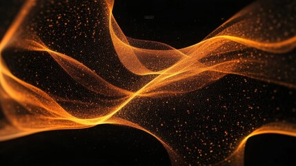 Abstract golden light waves with glittering particles flowing on a dark background